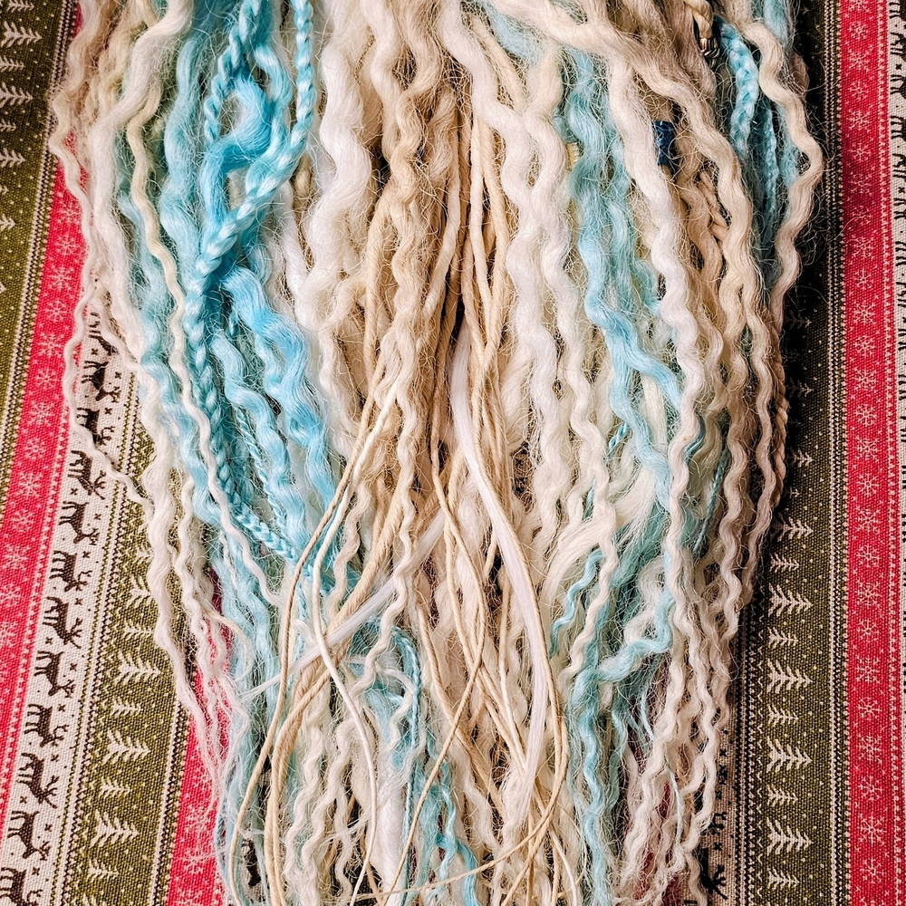 For Sale: 50 DE Synthetic blonde and turquoise locs adorned with braids